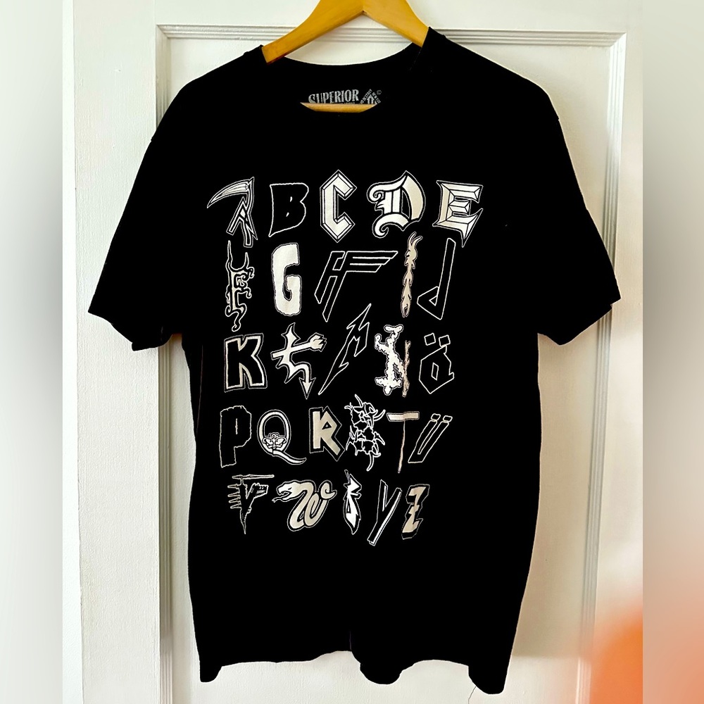 Heavy Metal Logo Alphabet t-shirt. Ozzy Iron Maiden Metallica Megadeth